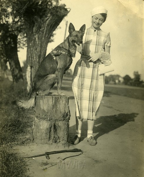 KKE 4952.jpg - Fot. Portret. Magdalena Klimaszewska z psem (owczarek Niemiecki), lata 30-te XX wieku.